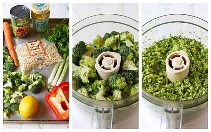 Three photos - ingredients for broccoli salad and broccoli in food processor