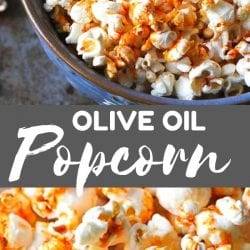 Popcorn topped with paprika olive oil, in a large blue bowl.