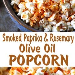 Popcorn topped with olive oil, smoked paprika and rosemary in a large blue bowl.