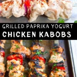 Grilled paprika chicken kabobs, with bell peppers and onions, on a baking sheet.