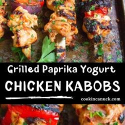 Kabobs with grilled chicken, red bell pepper and onions, all on a baking sheet.