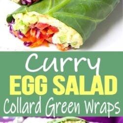 Collard green wraps with egg salad, carrots and cabbage, on a white plate.