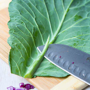 Trimming stem of collard green leaf.