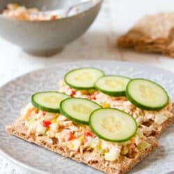 Tuna salad on crackers, topped with cucumber slices.