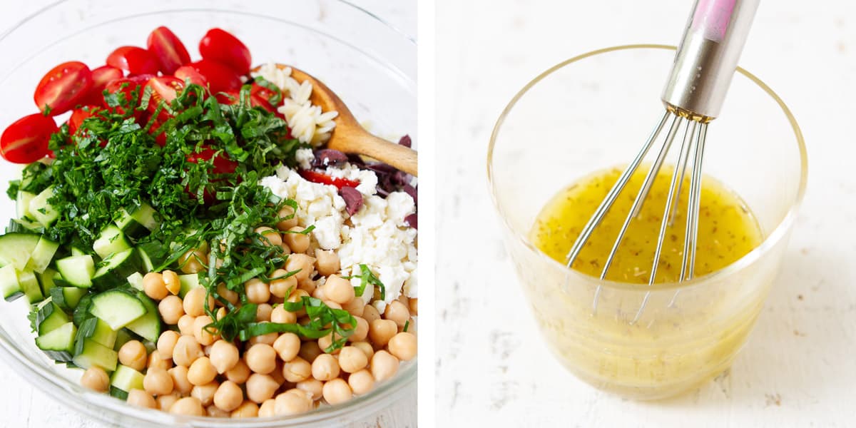 Collage of cooked orzo and vegetables in a bowl, plus a glass full of lemon vinaigrette.