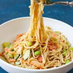 Peanut butter noodles with vegetables in a white bowl, with a fork.