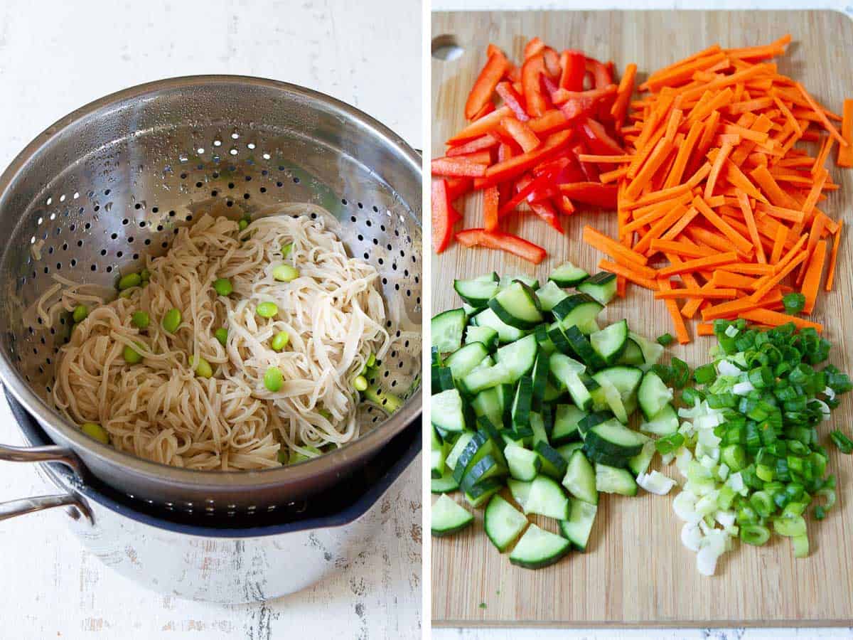 Collage of rice noodles and edamame in strainer and chopped vegetables on a cutting board.