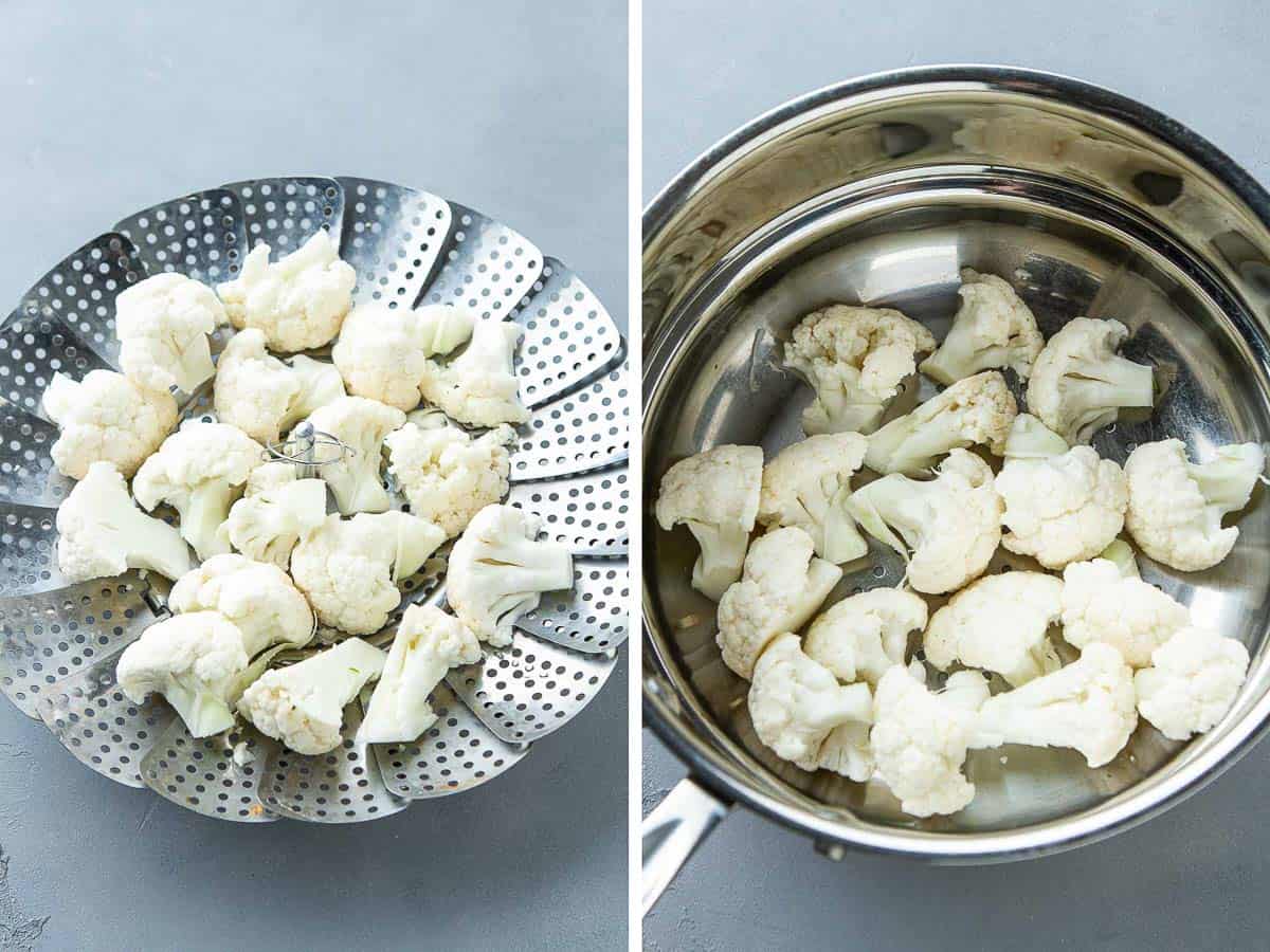 Collage of cauliflower florets in two different types of steamer baskets.