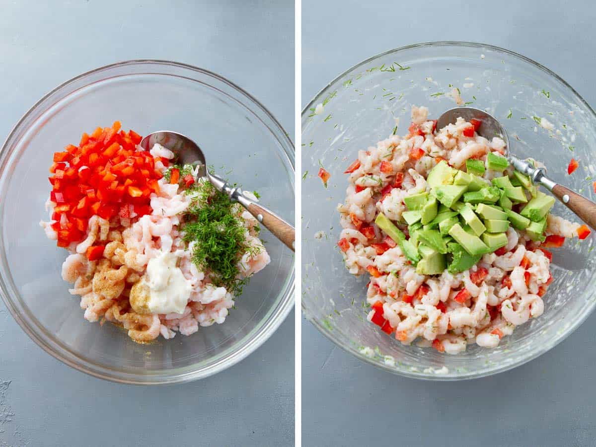 Shrimp salad mixture in a glass bowl.