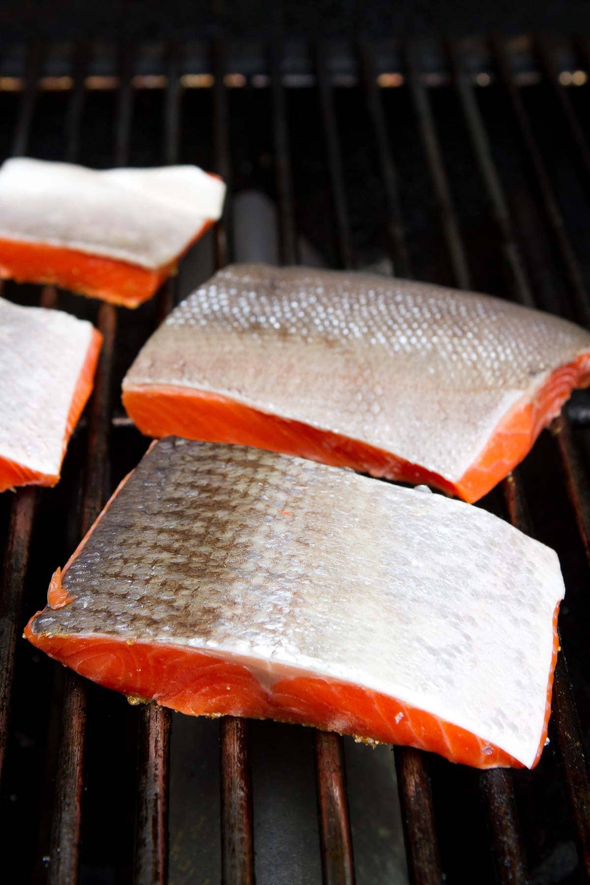 Salmon fillets, skin side up, on a grill.