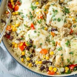 Overhead photo of chicken with cheese, quinoa and vegetables in a large braiser.