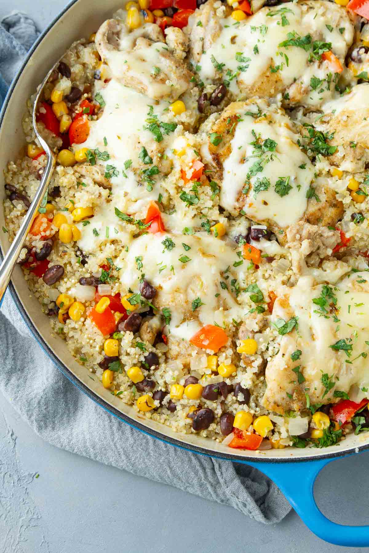 Overhead photo of chicken with cheese, quinoa and vegetables in a large braiser.