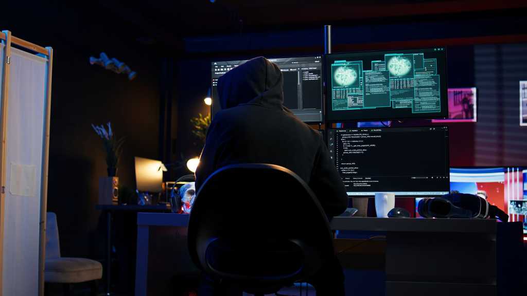 Cybercriminal fraudulently breaching security systems while hiding in secret HQ. Hacker breaking down security systems defenses using rogue scripts to steal valuable data, camera B