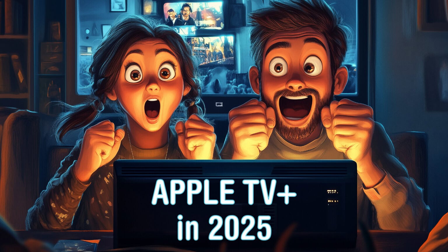 Drawing of two excited people watching a TV screen, with the words 