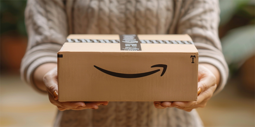 Woman holding a just delivered amazon package