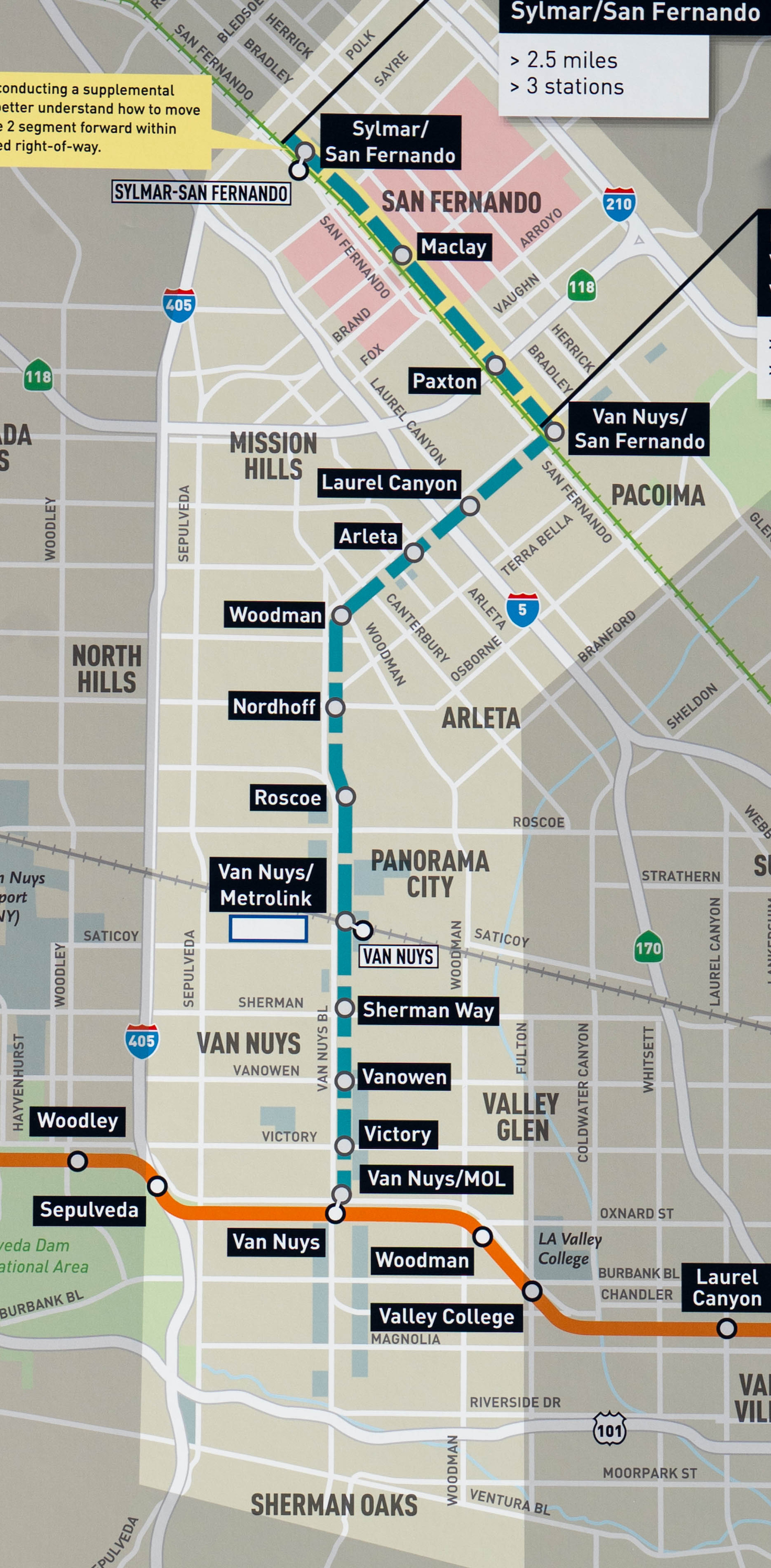 A map showing the route of the proposed East San Fernando Valley Light Rail Project. The first phase, with a projected opening date in 2031, will help improve local infrastructure, increase connectivity, and address transit equity in LA County by extending a light rail line north from the G-Line's (Orange) Van Nuys Station to San Fernando Road, a total of 6.7 miles with 11 stations, according to LA Metro. (Photo by David Crane, Los Angeles Daily News/SCNG