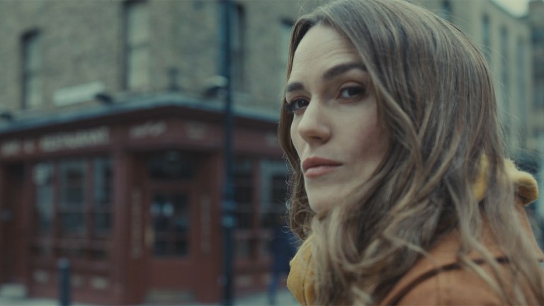 Keira Knightley in a London street for Black Doves on Netflix