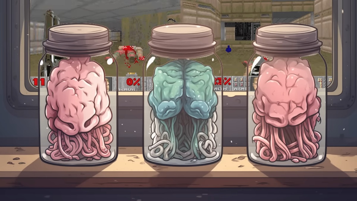 Three brains in jars watching Doom.