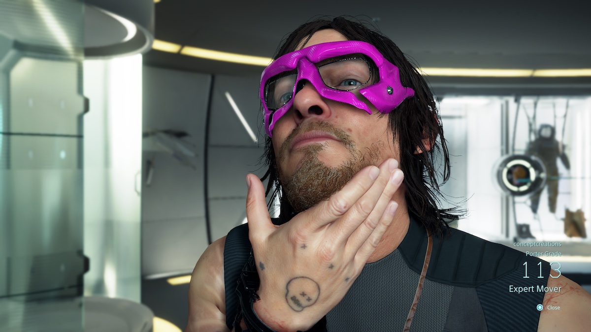 Sam Bridges wearing purple Ludens sunglasses in Death Stranding.