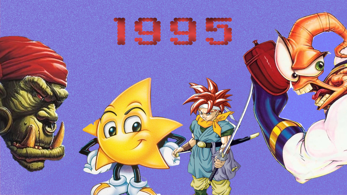 Best games turning 30 in 2025 that you want to revisit - orc from Warcraft, Ristar, Chrono and Earthwrom Jim in front of a purple background