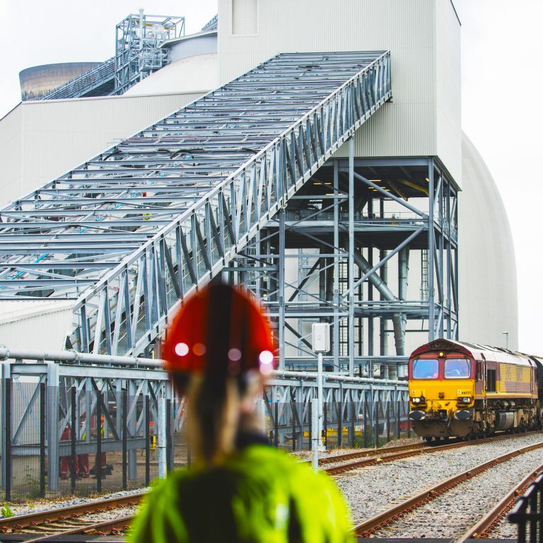 Watching a biomass train as it prepares to enter Drax Power Station's rail unloading building 2 (RUB2)