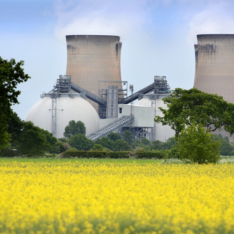 Biomass storage domes and water cooling towers at Drax Power Station in North Yorkshire