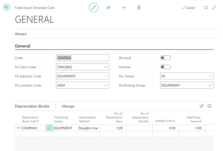 Fixed Asset Template Card