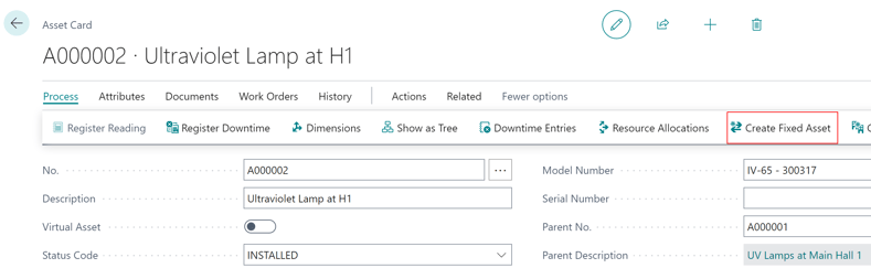 Asset card in Dynaway EAM for Dynamics 365 Business Central,