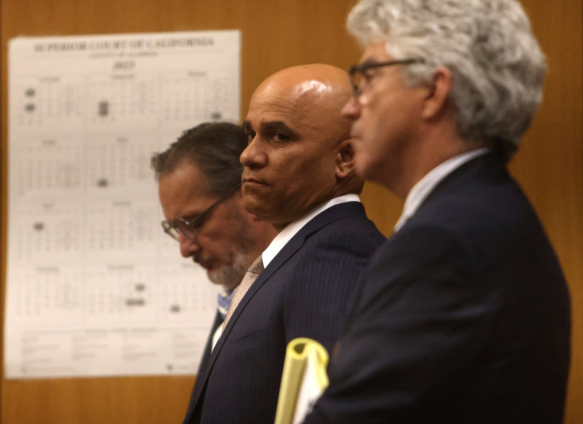 Amilcar "Butch" Ford, center, with attorneys Todd Bequette, left, and Micheal O'Connor, right, during a hearing at the Wiley W. Manuel Courthouse on Nov. 15, 2023, in Oakland, Calif. (Aric Crabb/Bay Area News Group)