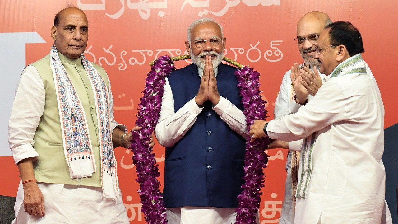 Narendra Modi with senior Bharatiya Janata Party (BJP) leaders 