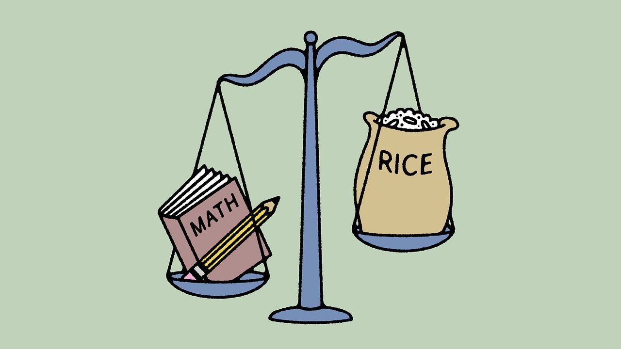 A set of balance scales with a maths book and pencil on one side and a bag of rice on the other. The book weighs more than the rice.