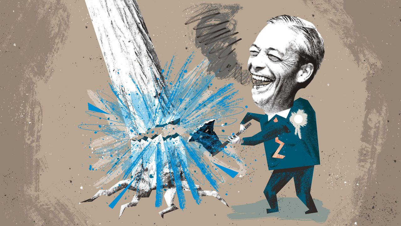 The Reform Party leader, Nigel Farage, takes an axe to a tree representing the Conservative Party