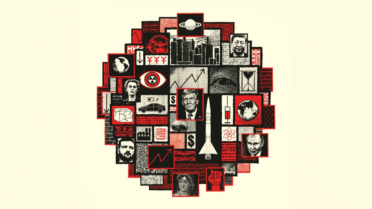 Illustration for the world ahead 2025 cover, a circle made up of squares featuring all the themes of the issue