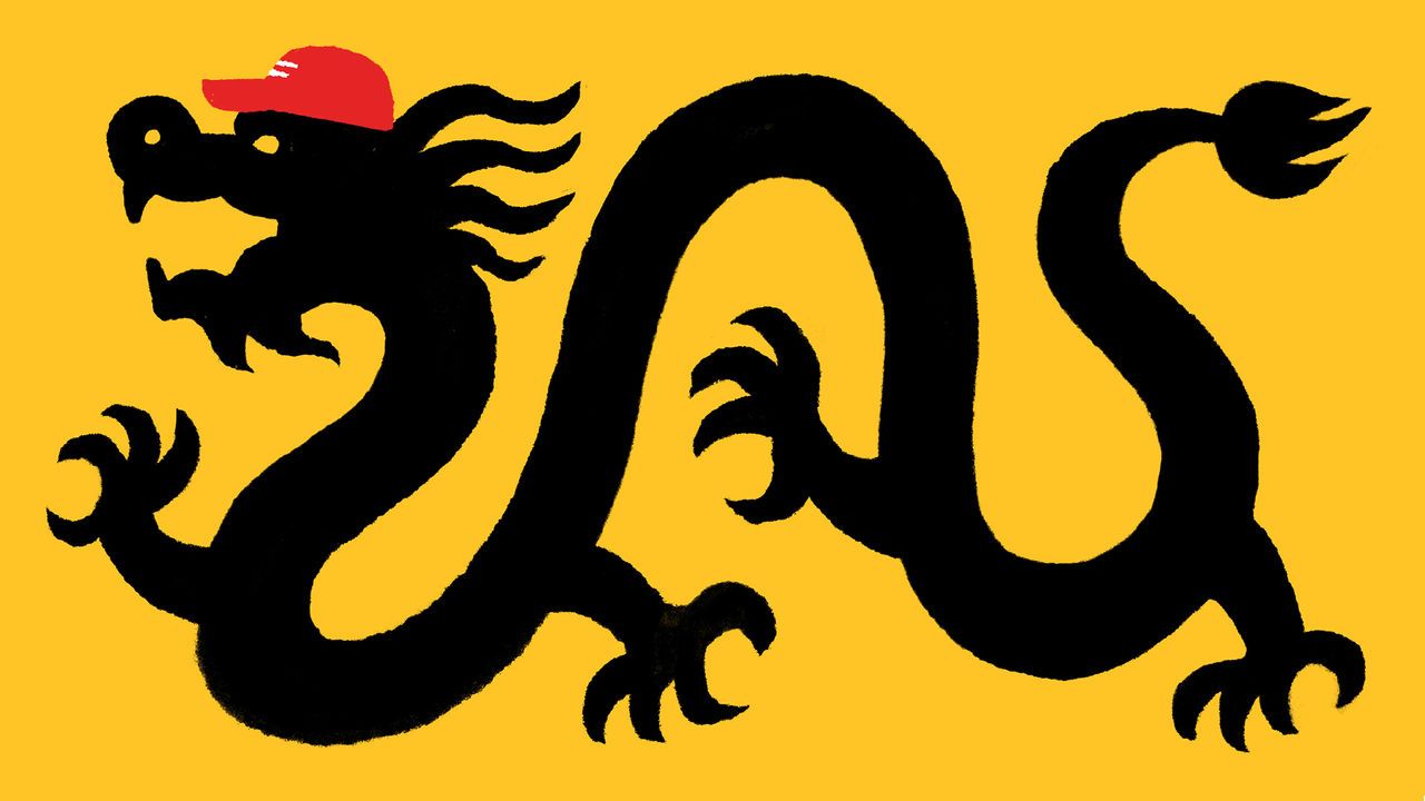 An illustration of a black dragon wearing a red hat with white writing on the front against a yellow background.