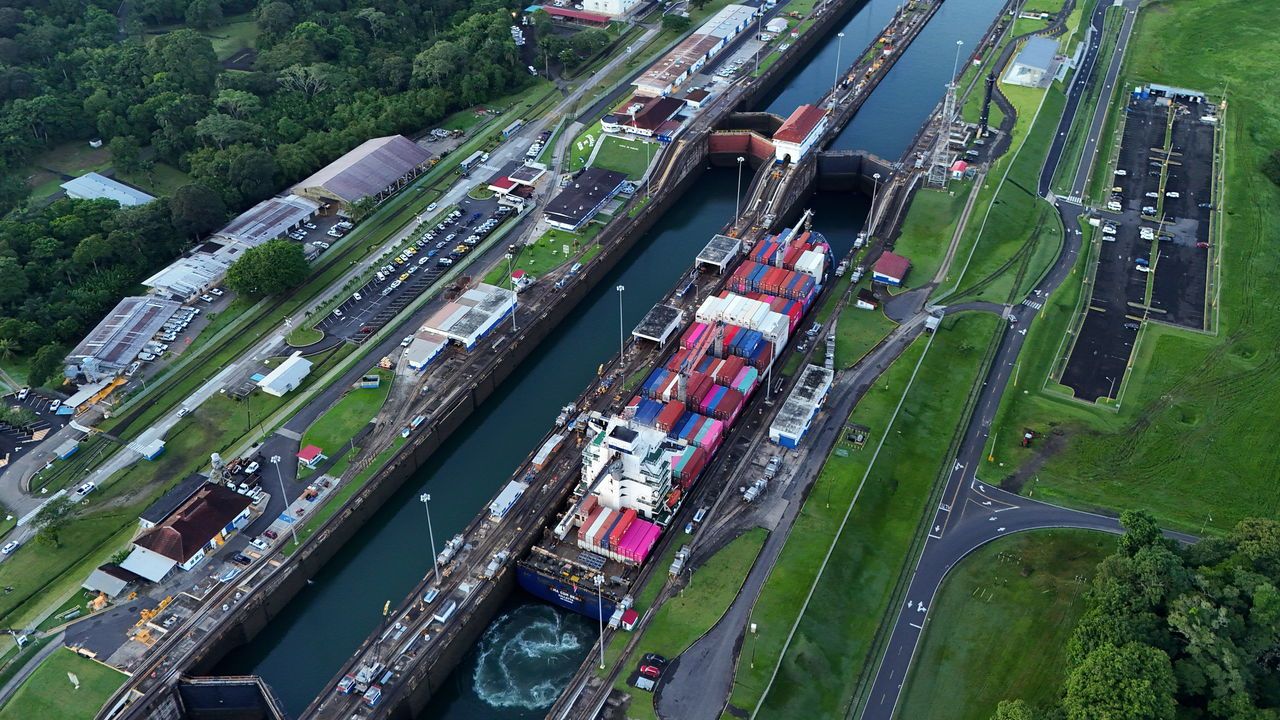 FILE - A cargo ship traverses the Agua Clara Locks of the Panama Canal in Colon, Panama, Sept. 2, 2024. (AP Photo/Matias