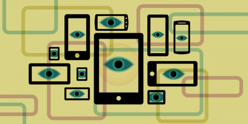 graphic with icons of phones with eyes in them