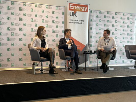 Ed Miliband and Heather Boushey speaking at Energy UK and IPPRs Mission Possible panel at the Labour Party Conference