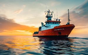 Marine Research Vessel at Sunset Sailing on Tranquil Ocean Waters