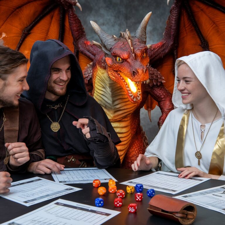 A photo of a Dungeons & Dragons session with male and female players dressed up in fantasy gear, and a fiery dragon, sitting around a table, paper sheets in front of them. They are having fun. One male player is wearing a dark robe with a hood and a gold necklace. A female player is wearing a white robe with a gold sash and a gold necklace. There are a variety of dice on the table, one of them a 20 sided one, and a leather dice cup.