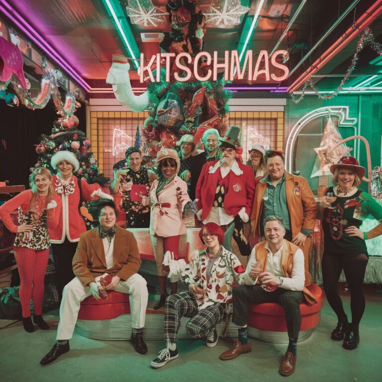 A photo of a group of diverse people at a Kitschmas event. There are gaudy Christmas decorations, neon lights, and the people are wearing kitschy clothes. There's an over-the-top decorated Christmas tree in the background. The overall ambiance is festive and vibrant.