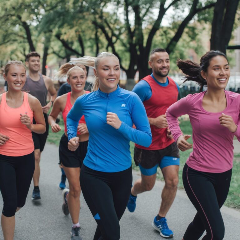 A photo of a run club with diverse members in a park, enjoying their run. The members are of different ages, genders, and ethnicities, and they are wearing athletic gear. The background contains trees and a path. The atmosphere is lively and energetic.