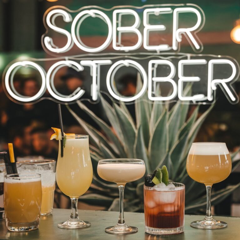 A medium shot of a non-alcoholic cocktail event with the text 'Sober October' written in neon letters above. There are various non-alcoholic cocktails in glasses. There is a sage green plant in the background. The lighting is warm.