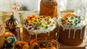 Close-up of cakes and Easter eggs on table