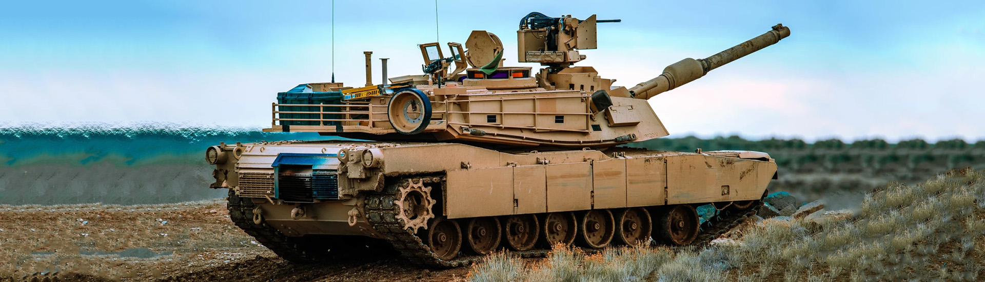 Military tank in field.