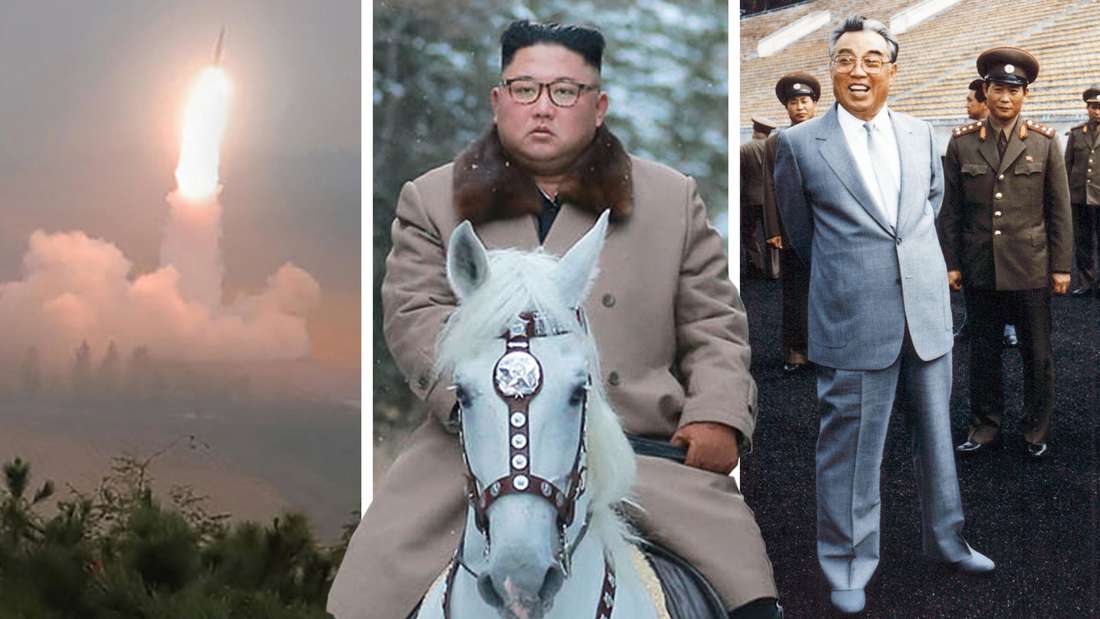 Ein nordkoreanischer Raketenstart. Der nordkoreanische Machthaber Kim Jong Un reitet auf einem weißen Pferd. Kim Il-Sung 1992