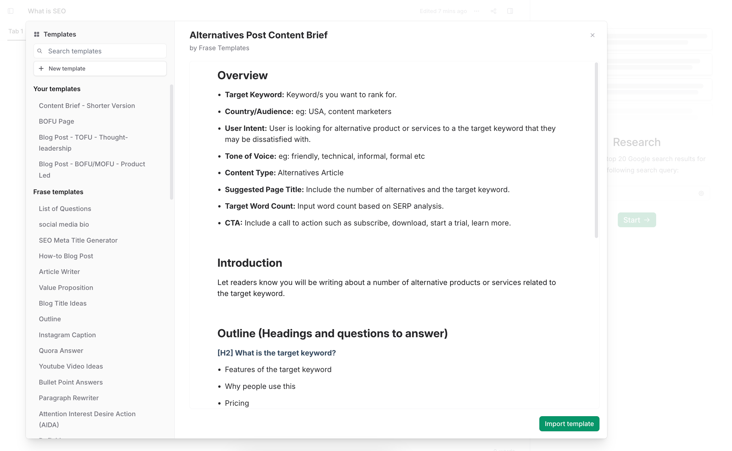 SEO content brief templates in Frase