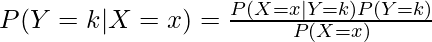 P(Y=k | X=x) = \frac{P(X=x | Y=k) P(Y=k)}{P(X=x)}