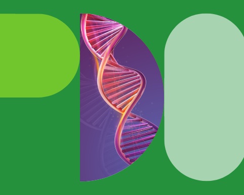 Dark green background with lighter green circle and pill shapes. In the centre is a semi circle image image of an orange DNA helix against a purple background.