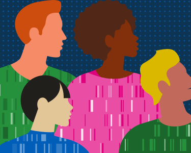 Illustration four diverse people with colourful shirts with data on them