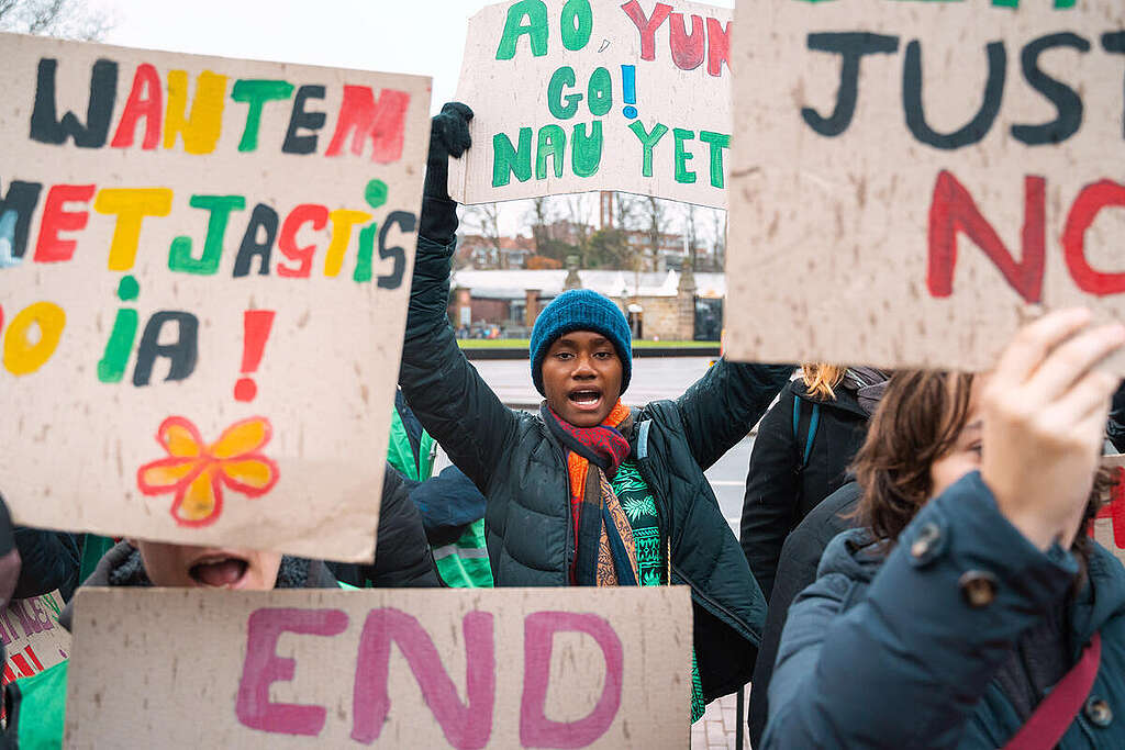 A powerful and diverse assembly of voices from around the globe gather in front of the Peace Palace in the Netherlands to demand climate justice. As the International Court of Justice prepares to begin its hearings on climate change and its impacts on human rights for current and future generations, this peaceful demonstration sets the stage for these historic discussions. © Emiel Hornman / Greenpeace © Emiel Hornman / Greenpeace